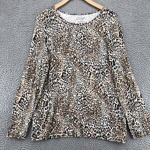 Chicos Top Womens 1 US Medium Brown Leopard The Ultimate Tee Stretch Long Sleeve